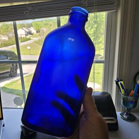 Vintage Cobalt Blue Glass Bottle Flower Display Shabby Chic Decor See Through - Picture 2 of 8